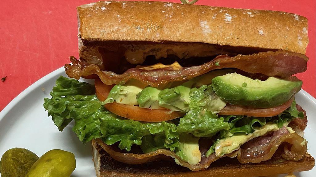 Blta Sandwich · Smoked slab bacon, lettuce, tomato, avocado, and chipotle aioli.