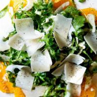 Arugula & Fennel Salad · Shaved fennel, avocado, orange wedges, avocado, green olives, cucumbers, tomatoes, Parmesan,...