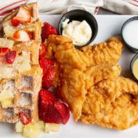 Chicken /Pina Colada Waffle (Kori'S) · One waffle top with pineapple, coconut flake, powers sugar , 4 
Chicken Tenders and Pina Col...