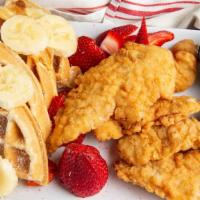 Chicken/ Banana Waffle · One Waffle Top with Banana, Strawberries, powdered sugar, banana syrup and 4 chicken tenders.