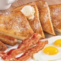 Kori'S French Toast Slam · Served with 2eggs *2  bacon strips and 2 sausage link topped with powdered sugar and fresh s...