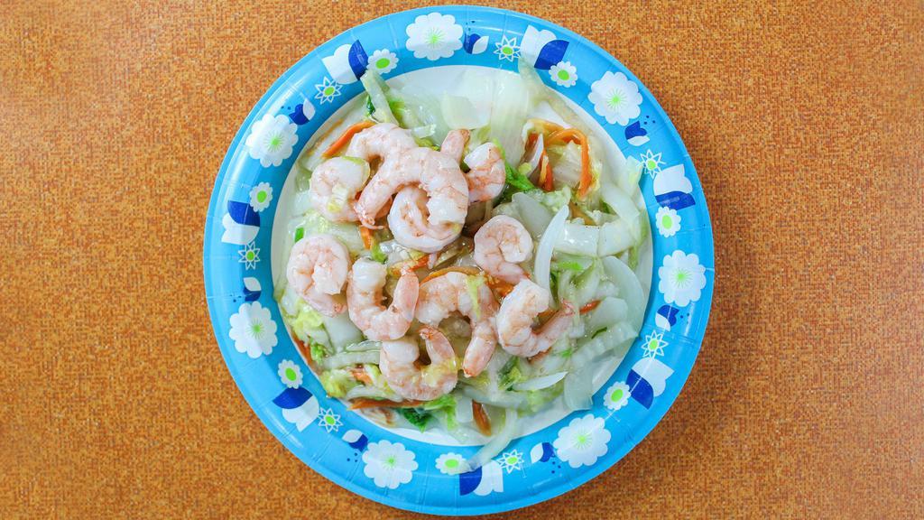 Shrimp Chow Mein · With crispy noodles.