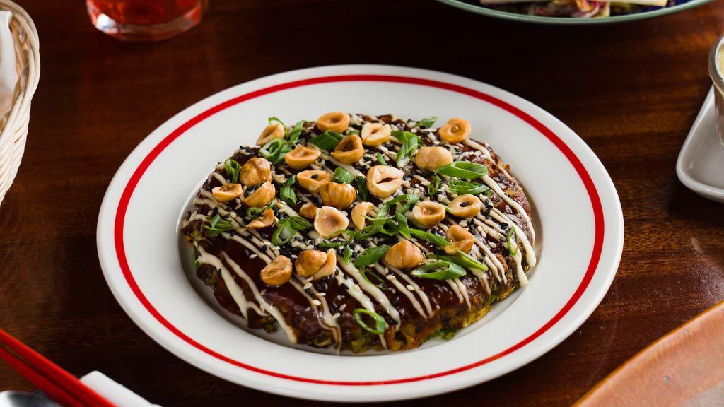 Cauliflower Okonomiyaki, Tonkatsu, Hazelnut · Savory Pancake, Japanese Barbecue Sauce, Yuzu Kosho Aioli, Hazelnuts