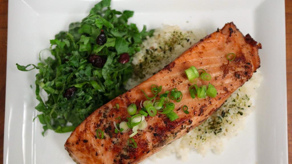 Salmon · Marinated in olive oil and garlic.