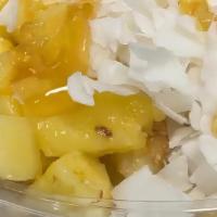 Coco Crazee · Coconut blend topped with granola, pineapple, mango, coconut flakes, honey