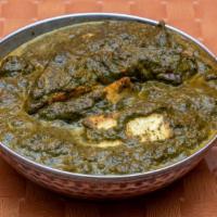 Saag Paneer · Vegetarian. Cottage cheese and minced spinach, garlic, cumin mildly spiced.