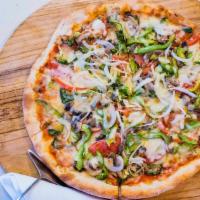 Veggie Combo Pizza (Large) · Sliced tomatoes, spinach, broccoli, mushrooms, green peppers, and onions.