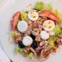 Cobb Salad · Romaine lettuce, tomatoes, red onions, roasted red peppers, black olives, sliced egg, grille...
