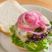 Green Chili Burger · Beef short rib blend patty, house-made green chili relish, provolone cheese, pickled red oni...