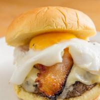 Bacon, Egg & Cheese · Beef short rib blend patty, applewood smoked bacon, fried egg, American cheese on a potato b...