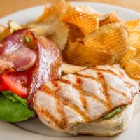 Grilled Chicken Club · Grilled free-range chicken cutlet, applewood smoked bacon, bibb lettuce, tomato, pickles, sp...