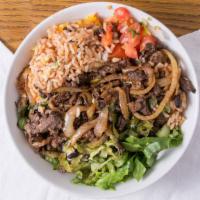 Grilled Steak · Rice, beans, lettuce, pico de gallo, and cheese.