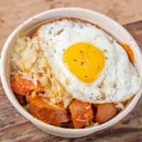 Sausage Hash · Sunny side up egg, roasted potatoes, onions, sauerkraut and your choice of sausage.