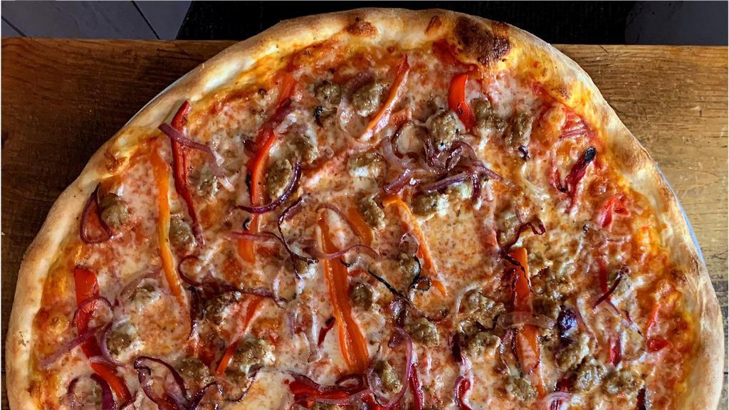 Sausage & Peppers · Italian Sausage, Roasted Red Peppers & Caramelized Red Onions. Like a year round San Gennaro festival except delivered to you on a pizza. So Good.