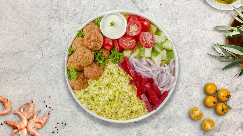 For The Falafel Platter · Falafel balls with lettuce, tomatoes, cucumber, hot and white sauce. Served with your choice of side.