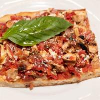 Chicken Bruschetta Pie · thin crusted pan pizza topped with dieced chicken breast,. tomato, basil and fresh mozzarella