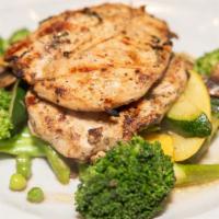 Grilled Chicken Primavera · marinated grilled breast of chicken served over sauteed. vegetables
