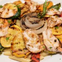 Grilled Shrimp & Vegetables · jumbo shrimp and fresh grilled vegetables over linguine in a. light rosemary white wine sauce