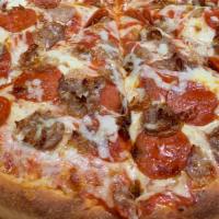Chicago Pepperoni Sausage Pizza · deep dish Cooked in a special black pants still crispy golden brown with Mozzarella Pizza Sa...