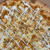 Chicken Bacon Ranch Pizza · breaded chicken, bacon bits, mozzarella drizzled with Ranch dressing and paraley garnish