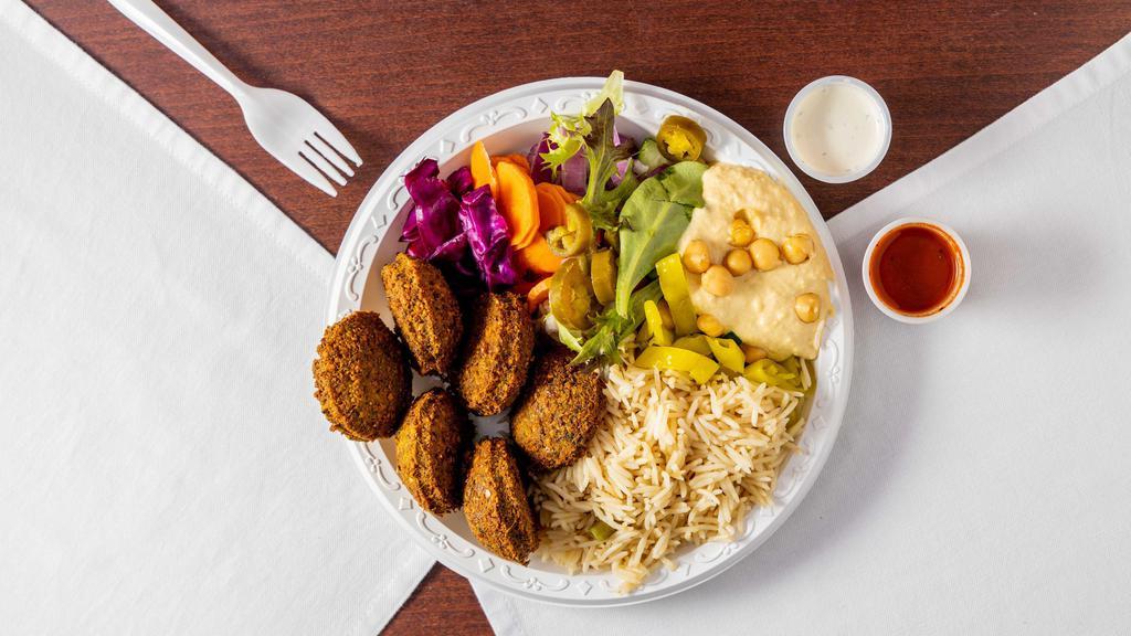 Falafel Platter · Vegetarian. Served with hummus, salad, rice, tzatziki, and hot sauce.
