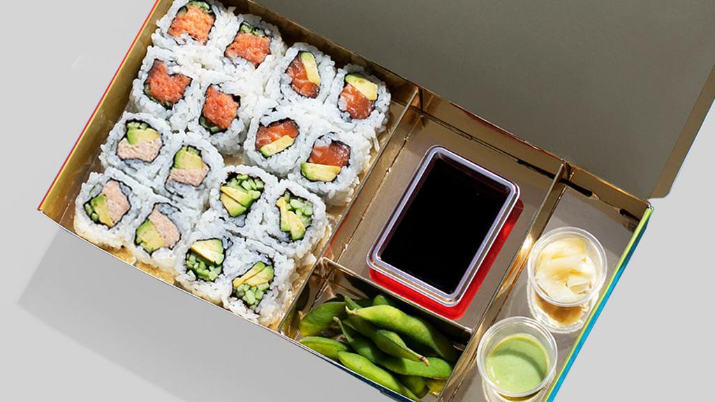 The $Nob · 16 Piece Sushi Rolls Served with Edamame, Soy Sauce, Ginger, and Wasabi.  4x Spicy Tuna Cucumber, 4x Salmon Avocado, 4x Blue crab Avocado Cucumber, 4x Avocado Cucumber.