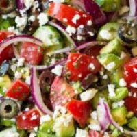 Greek Salad With Feta And Olive · Diced lettuce, tomato, onion and cucumbers with feta and olives.