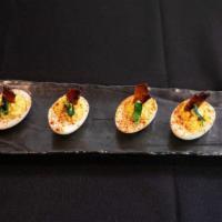 Deviled Eggs · w/Candied Smoked Applewood Bacon Garnish