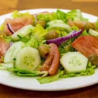 House Salad · Lettuce, tomatoes,onions, green olives and cucumber.