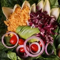 Tri-Color Salad · Baby spinach, avocado, endive, radicchio, cherry tomato, shredded Cheddar, and pepper mayonn...