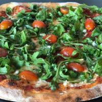 Arugula Pizza · Marinara, fresh mozzarella, evoo, arugula, cherry tomato, roasted garlic.