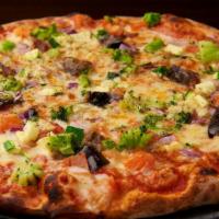 Grilled Vegetable Medley Pizza · Eggplant, zucchini, yellow squash, tomato, Bermuda onions, broccolini, garlic, mozzarella, a...
