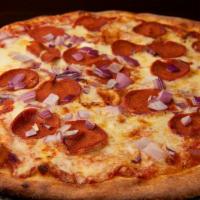 Preci Pepperoni Pizza · Pepperoni (mock), red onion, mozzarella, and marinara.