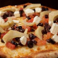 Mediterranean Pizza · Kalamata olives, artichoke hearts, tomato, crumbled feta, and mozzarella.