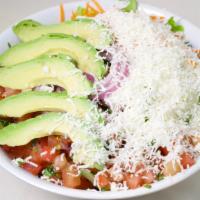 Goat Cheese & Avocado Salad · Goat cheese and avocado, romaine lettuce, shredded carrots, red onions, tomatoes, cucumbers,...