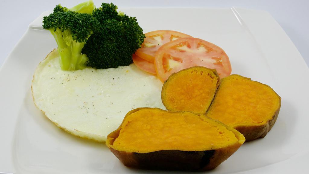 The Energy Veggie Omelette · Baked egg whites with any two choices: spinach, broccoli, peppers, onions, tomato, mushrooms or low-fat mozzarella. It also served with sweet potato.