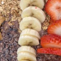 Super Bowl · Blended: acai, peanut butter, banana, whey protein, water. Toppings: banana, walnuts, cacao ...