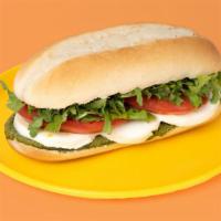 Caprese Sandwich · Fresh mozzarella, tomato, basil, arugula, balsamic vinegar, and olive oil on bread.