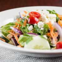 Greek Salad · Romaine, Feta cheese, red onions, grape tomatoes, cucumbers, carrots, kalamata olives, lemon...