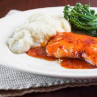 Pan Seared Apricot & Chili Glazed Salmon · With side garden or caesar salad