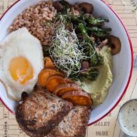 Breakfast Bowl · with white bean hummus, avocado, sweet potato, broccoli, shiitake mushroom, Aleppo zucchini ...