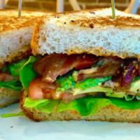 L.A.T. · thick cut bacon, avocado, butter lettuce, tomato, & piquillo mayo on challah toast