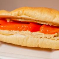 Hummus Sandwich · Delicious vegetarian hummus topped with roasted red peppers. served on a roll