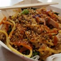 The Shanghai Belly · Shanghai noodles, pork belly, crunchy garlic, ginger scallion sauce.