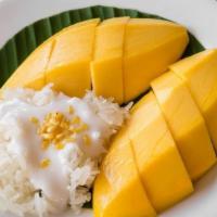 Mango With Sweet Sticky Rice (Contain Sesame Seed) Vg, Gf · Coconut sticky rice pudding served with fresh mango, topped with coconut cream and sesame se...