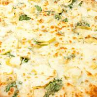 Spinach And Artichoke Pizza · White garlic sauce, artichoke chunks, fresh spinach, pecorino Romano and mozzarella cheese.