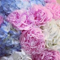 Cotton Candy · A mix of blue and white hydrangeas, and pink peonies (while in season) or pink roses arrange...