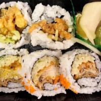 Spider Roll · Deep-fried soft shell crab, lettuce, cucumber & spicy mayo, and eel sauce.