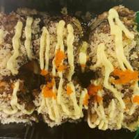* Volcano Roll 6 Pcs (Fried) · Tuna, kani, avocado whole roll fried, topped with eel sauce mayo and crunchy. *Consuming raw...