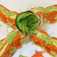 Wasabi Bean Roll · Served raw. Spicy tuna, avocado, and crunch in green soybean wrap, topped with wasabi bean a...